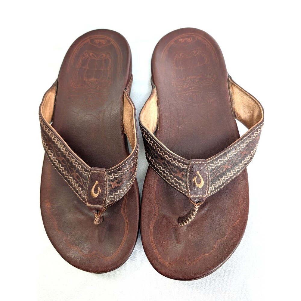 OluKai Men’s Leather Flip Flop Sandals Brown Embroidered Size 10